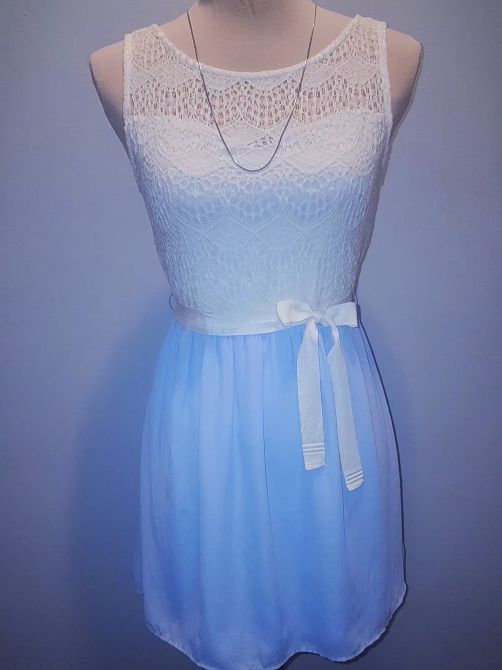 Lace Bodice Chiffon Dress with Ribbon Waist - Off-White and Light Blue